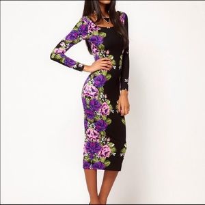 Purple & black floral body con dress